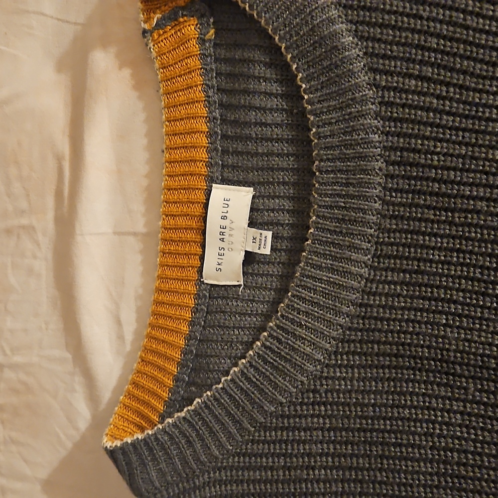 Skies Are Blue Curvy 1X Olive Green Ribbed Sweater Mustard Accents Fall Knit - Picture 10 of 15